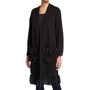 Kobi Halperin Irene Black Long Line Sweater with Ostrich Feather Trim XL New
